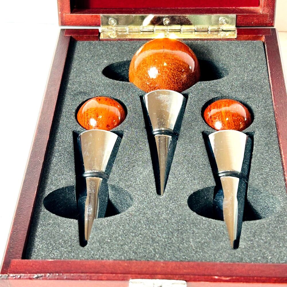 Vintage Brookstone Wood Ball Top Stainless Wine Bottle Stoppers Set of 3 Box